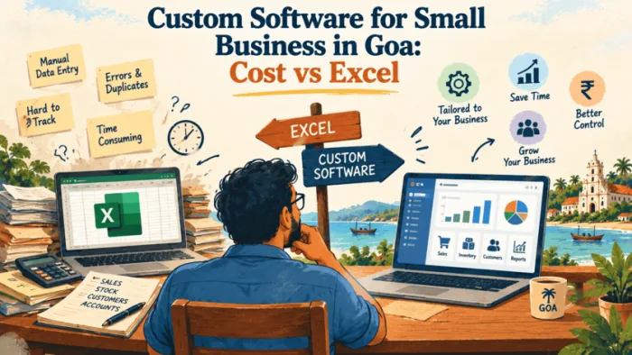 Shop owner in Goa comparing an Excel stock sheet on a laptop with a custom software dashboard on a phone, to replace Excel with custom software